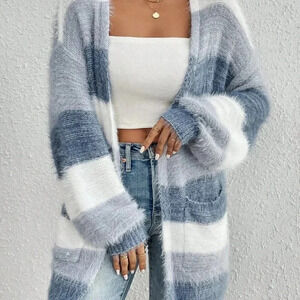 Multicolor Casual Women's Colorblock Drop Shoulder Fluffy Knit Duster Cardigan